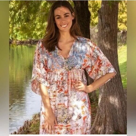 Karyn Seo Carmen Boho Embroidered Printed Silk Blend Dress Size L - Picture 2 of 11